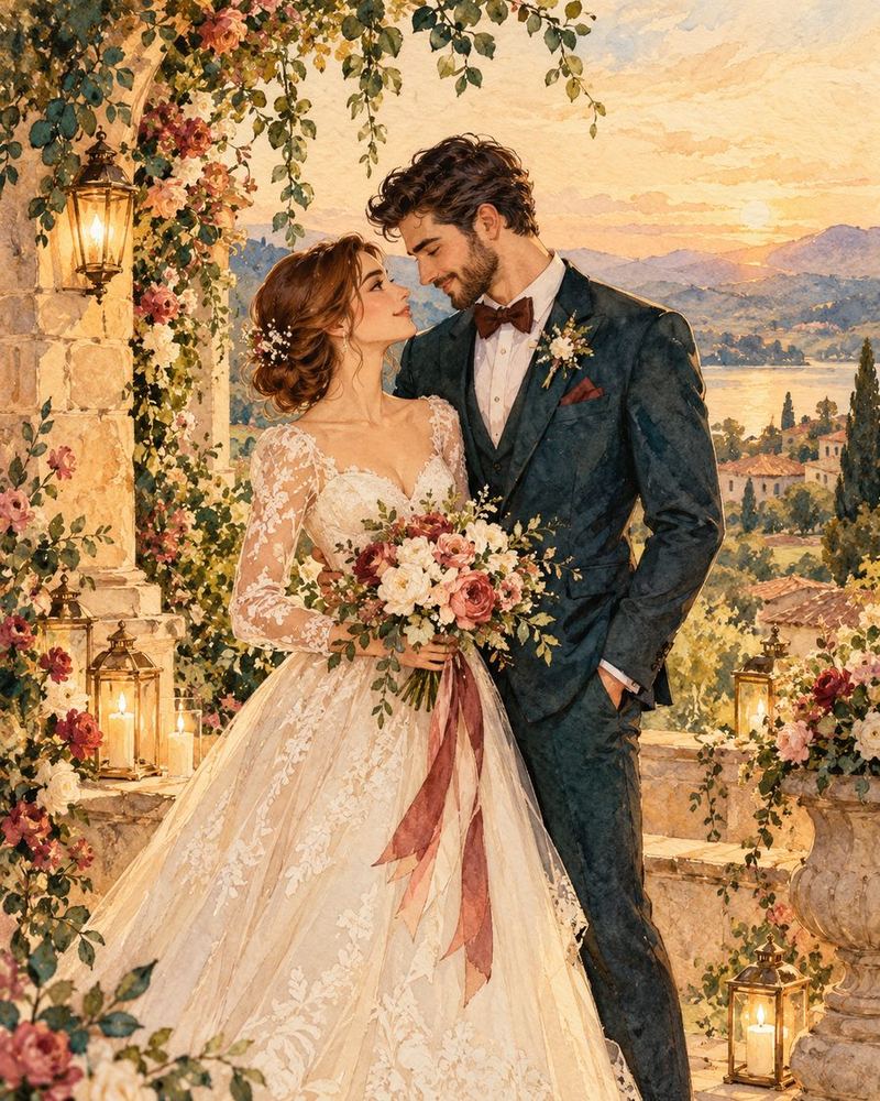 Marie et Radu sous une arche de roses