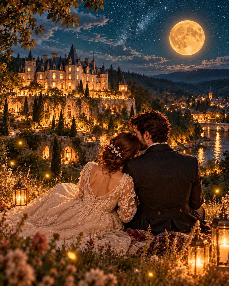 Marie et Radu sous la lune, face au château